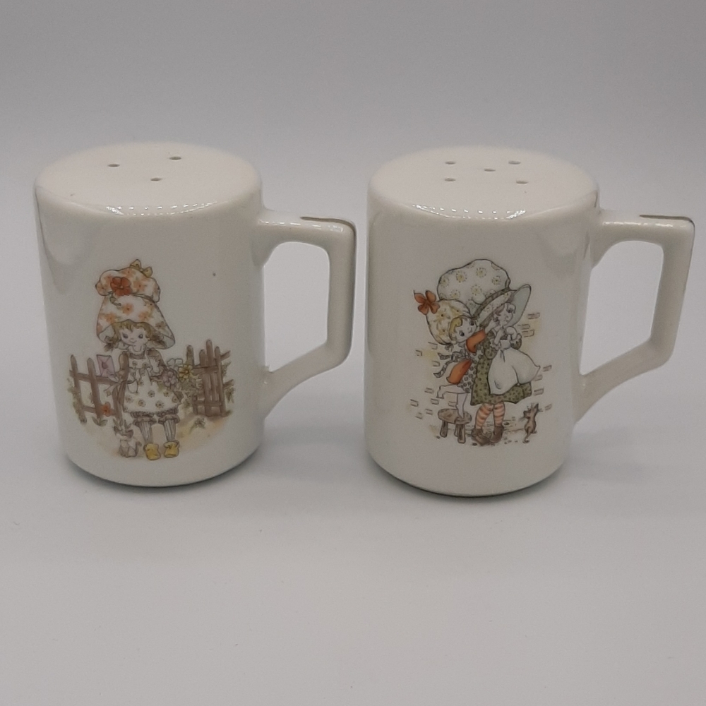 Pair of Vintage Transferware Ceramic Salt & Pepper Little Girls & Cats Japan